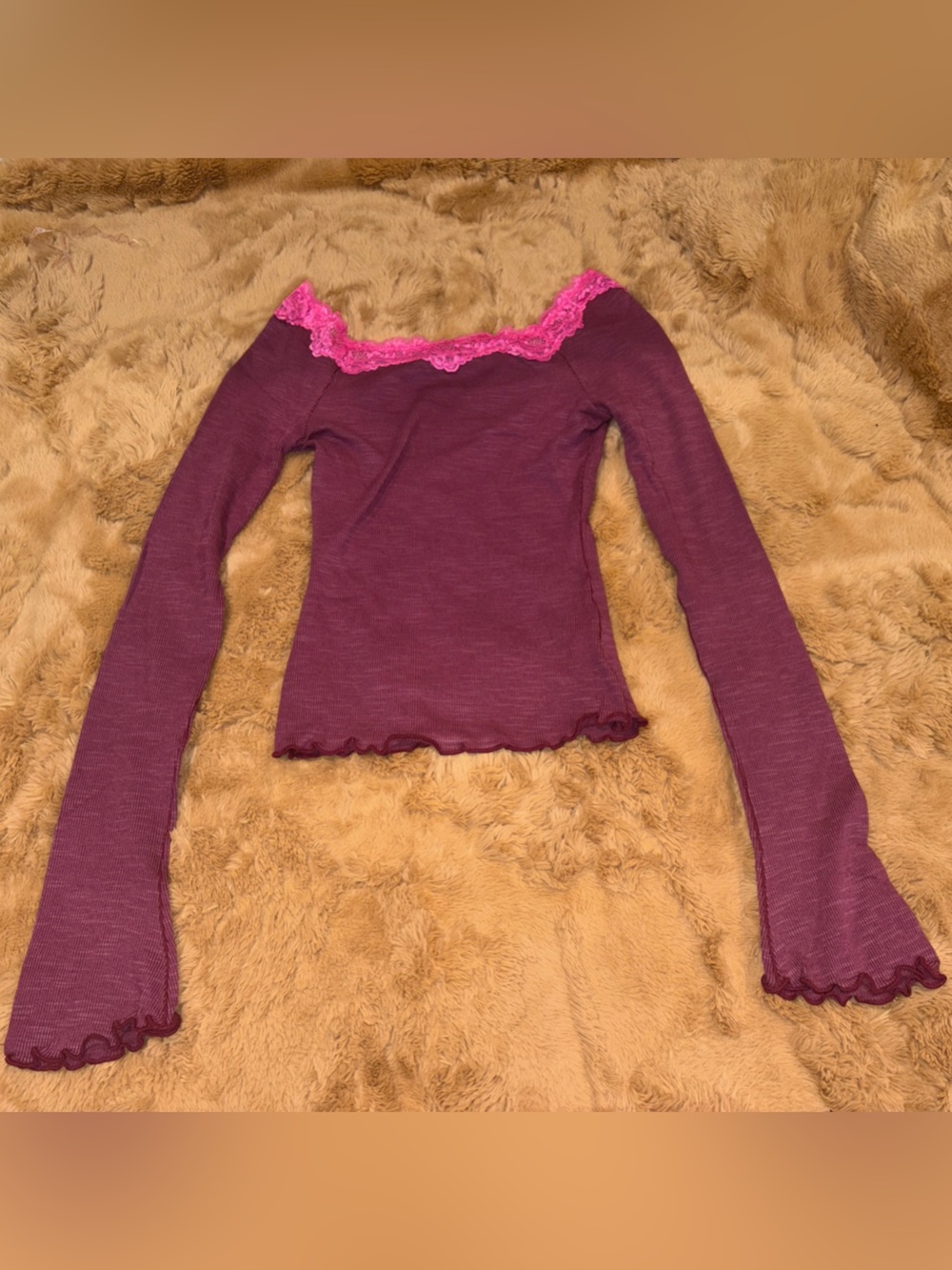 Free People Long Sleeve Tee Lace Trim Raspberry Pink Intimately Free Top NWT